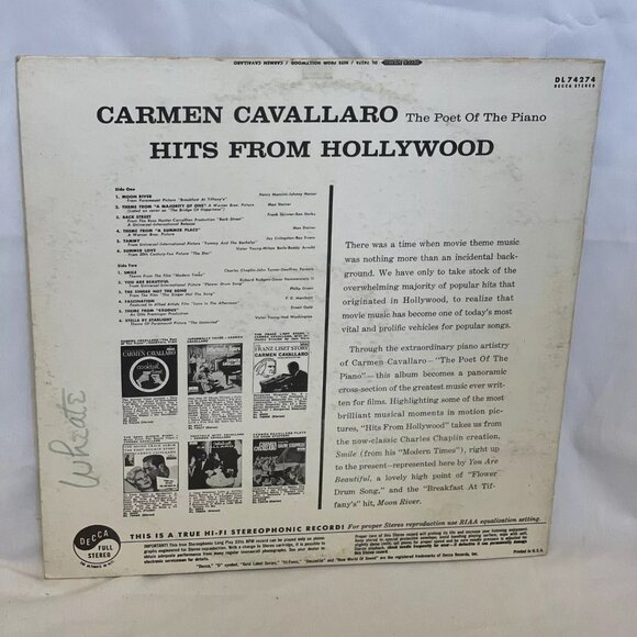 Carmen Cavallaro Hits From Hollywood (Vinyl, 1962) Decca DL 74274 VG LP Record - Picture 3 of 9